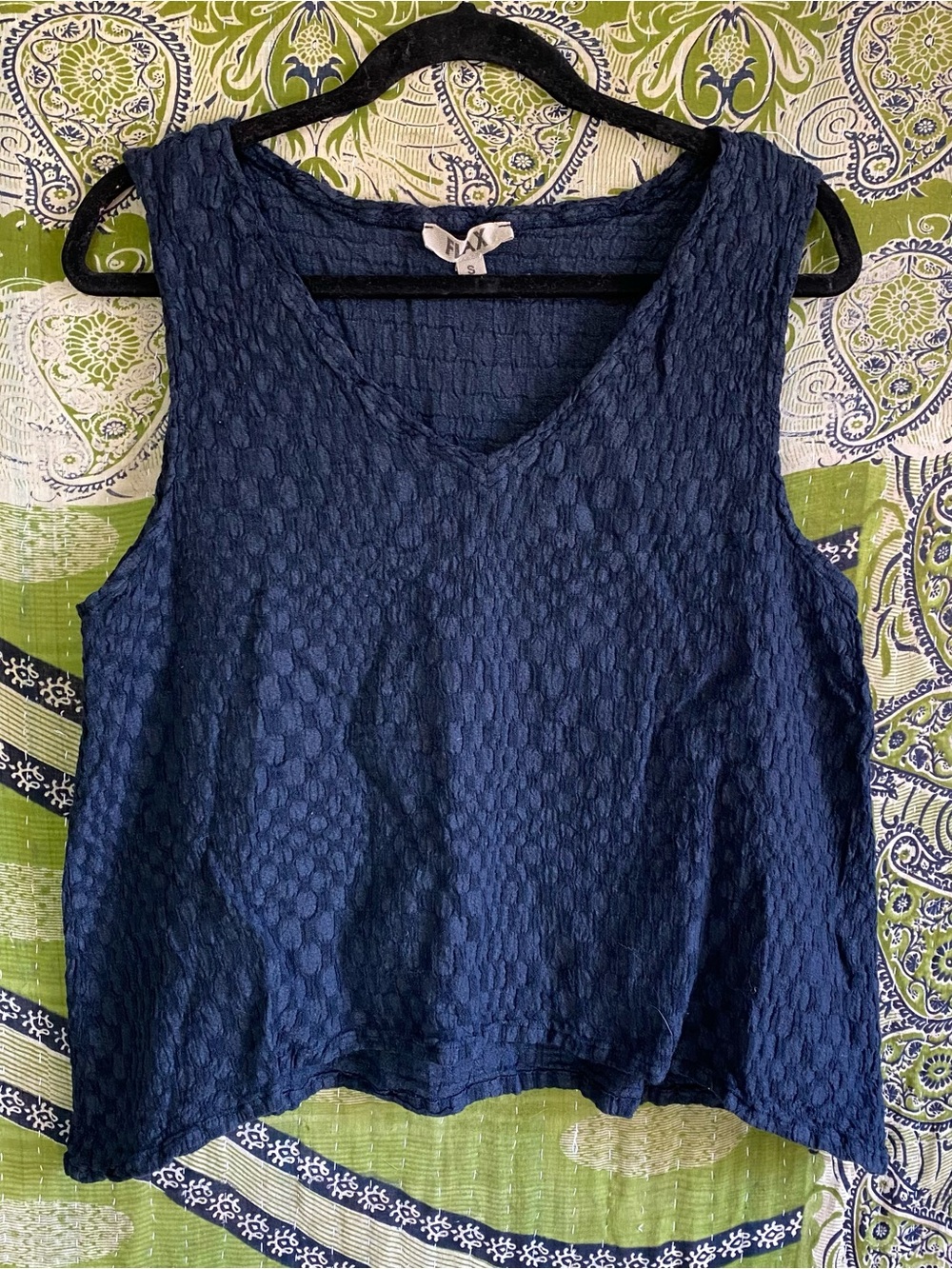 Flax Navy Blue Relaxed Ribbed Sleeveless V-Neck Linen Blend Top Size Small